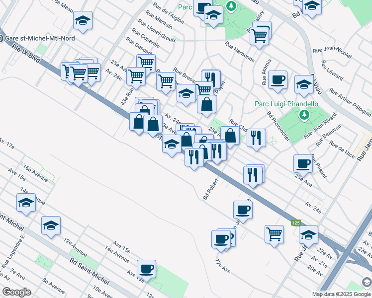 map of restaurants, bars, coffee shops, grocery stores, and more near 8735 Québec 125 in Montréal