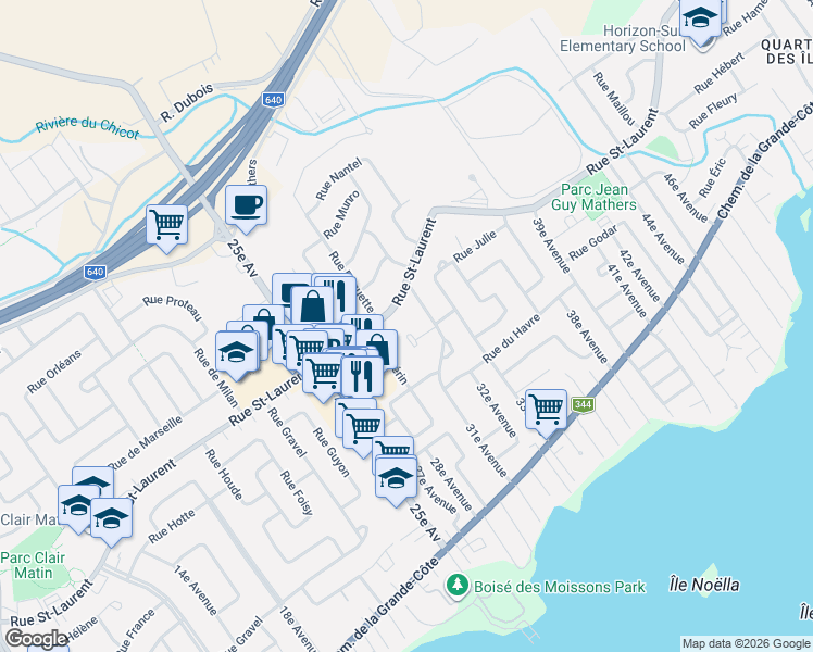 map of restaurants, bars, coffee shops, grocery stores, and more near 308 Rue Joyal in Saint-Eustache