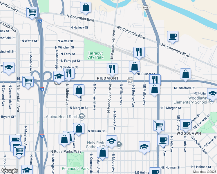map of restaurants, bars, coffee shops, grocery stores, and more near 209 North Holland Street in Portland