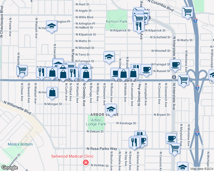map of restaurants, bars, coffee shops, grocery stores, and more near 7239 North Delaware Avenue in Portland