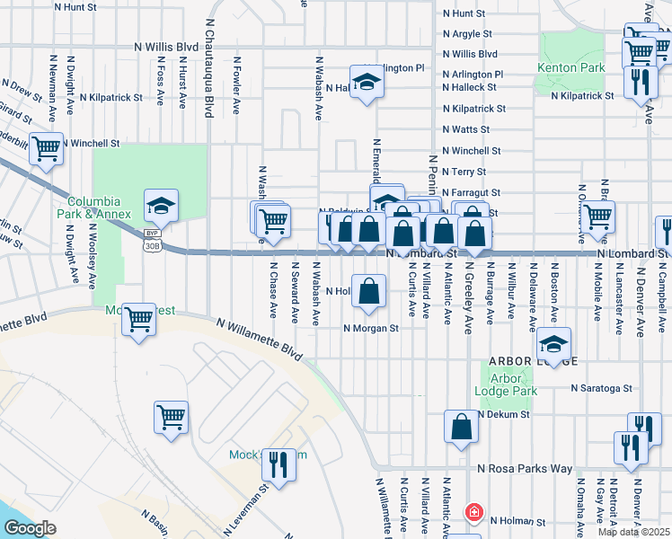 map of restaurants, bars, coffee shops, grocery stores, and more near 7312 North Vincent Avenue in Portland