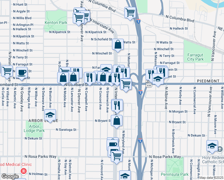map of restaurants, bars, coffee shops, grocery stores, and more near 7201 North Interstate Avenue in Portland