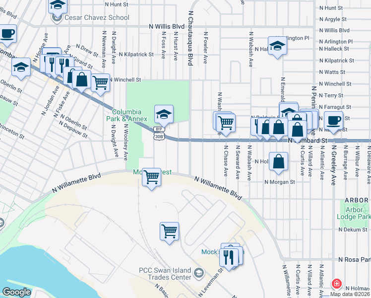 map of restaurants, bars, coffee shops, grocery stores, and more near 7320 North Hurst Avenue in Portland