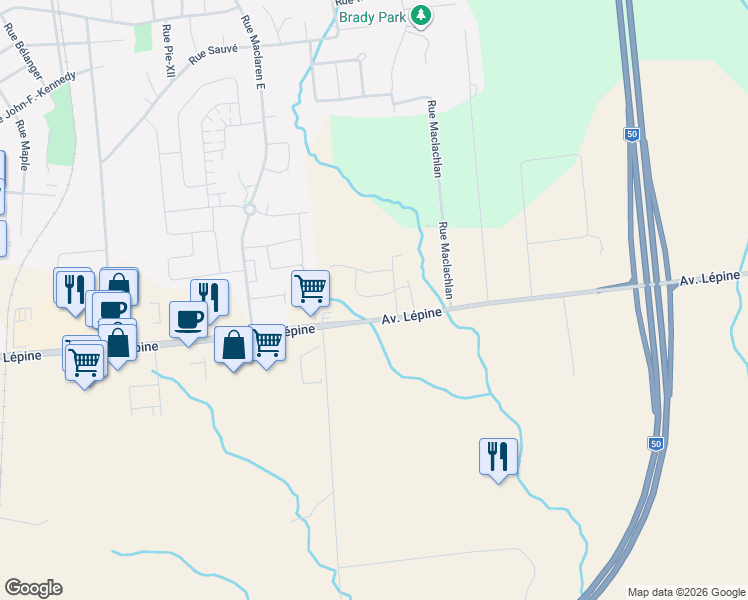 map of restaurants, bars, coffee shops, grocery stores, and more near 24 Rue Joseph-Latour in Gatineau