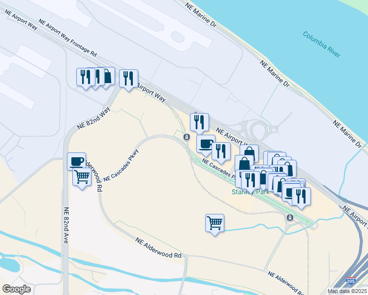 map of restaurants, bars, coffee shops, grocery stores, and more near 9398 Northeast Cascades Parkway in Portland
