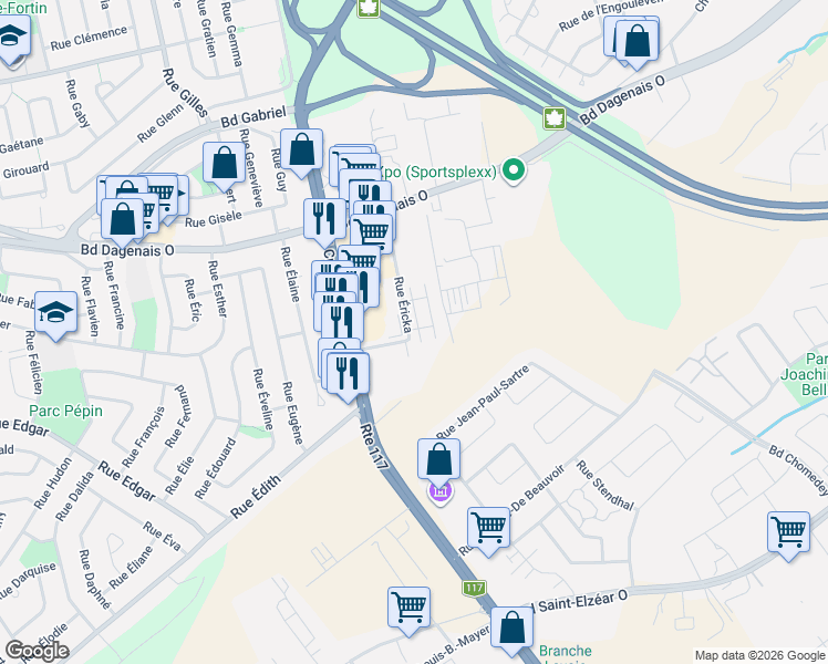 map of restaurants, bars, coffee shops, grocery stores, and more near 359 Rue Éricka in Laval