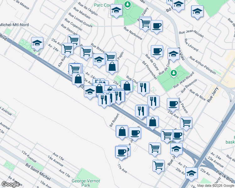 map of restaurants, bars, coffee shops, grocery stores, and more near 8620 24e Avenue in Montréal