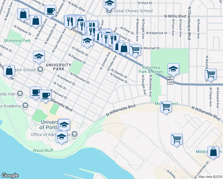 map of restaurants, bars, coffee shops, grocery stores, and more near 7025 North Olin Avenue in Portland