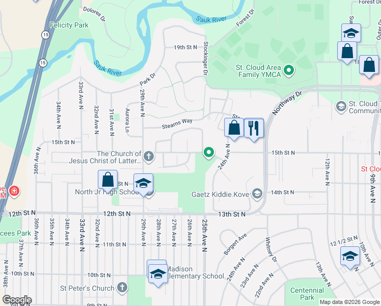 map of restaurants, bars, coffee shops, grocery stores, and more near 2400 15th Street North in Saint Cloud