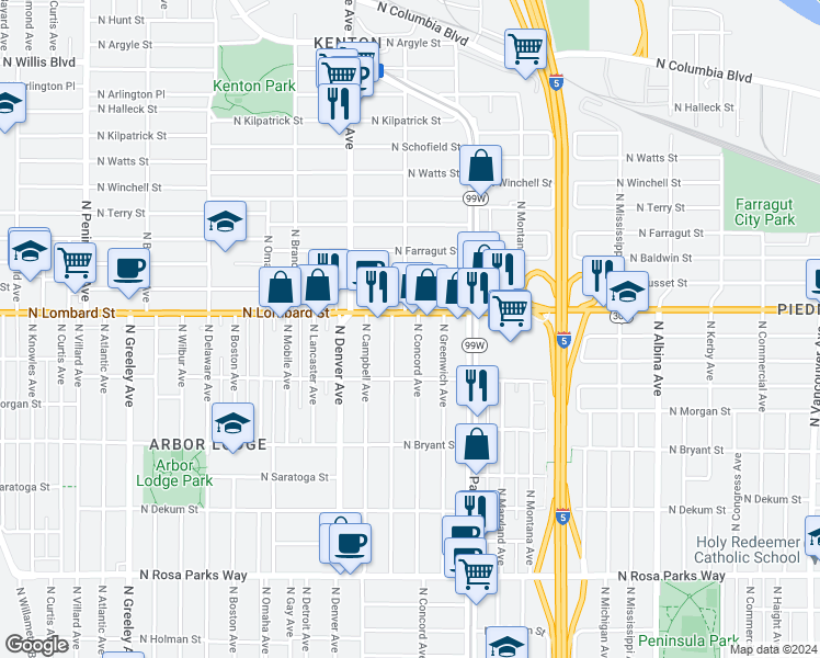 map of restaurants, bars, coffee shops, grocery stores, and more near 7419 North Concord Avenue in Portland