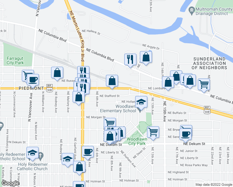 map of restaurants, bars, coffee shops, grocery stores, and more near 807 Northeast Holland Street in Portland