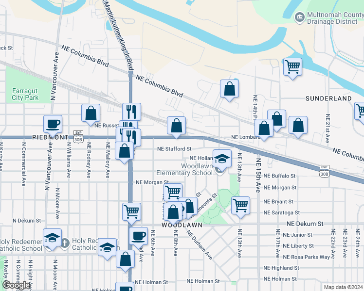 map of restaurants, bars, coffee shops, grocery stores, and more near 807 Northeast Holland Street in Portland