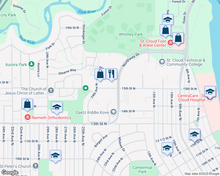 map of restaurants, bars, coffee shops, grocery stores, and more near 1445 Northway Drive in St. Cloud