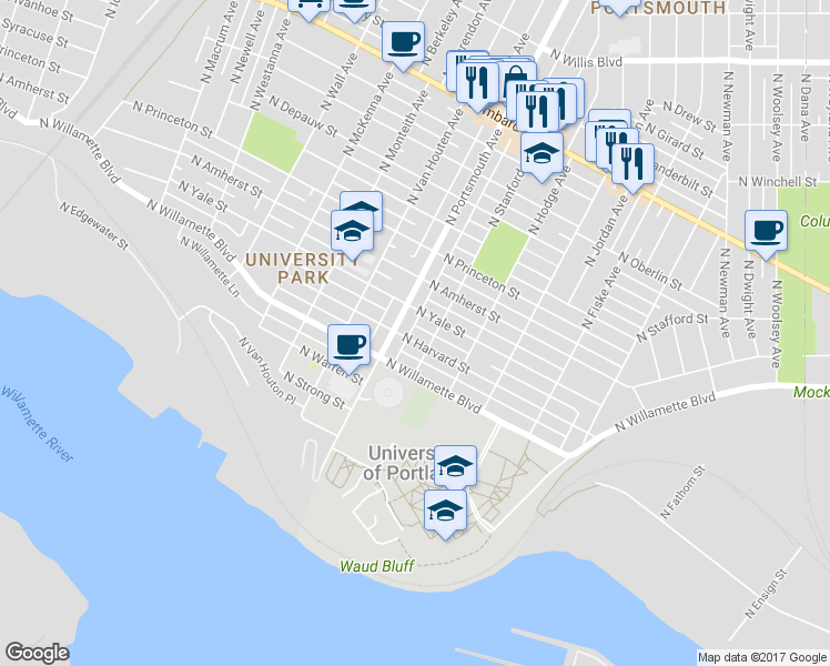 map of restaurants, bars, coffee shops, grocery stores, and more near 5269 North Harvard Street in Portland