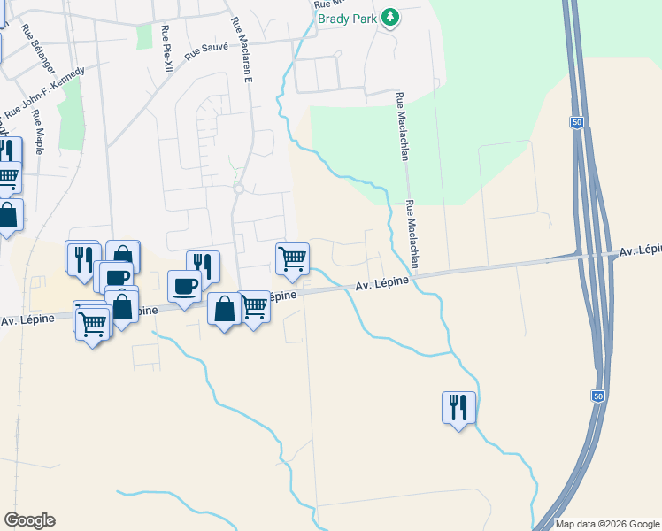 map of restaurants, bars, coffee shops, grocery stores, and more near 64 Rue Joseph-Latour in Gatineau