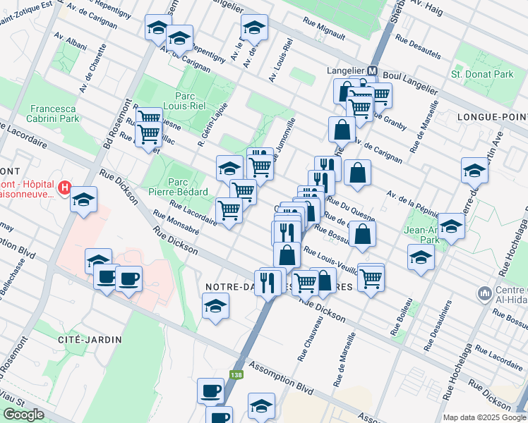 map of restaurants, bars, coffee shops, grocery stores, and more near 4800 Rue Bossuet in Montréal