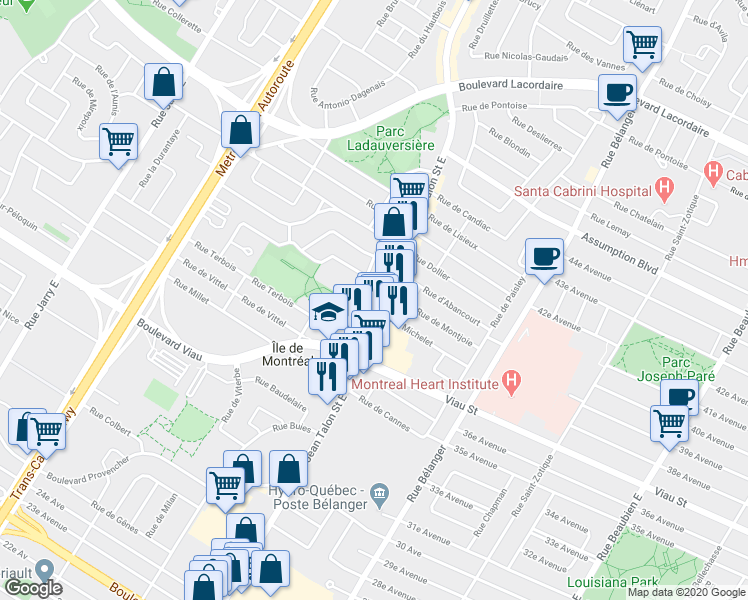 map of restaurants, bars, coffee shops, grocery stores, and more near 5075 Rue Jean-Talon Est in Montreal