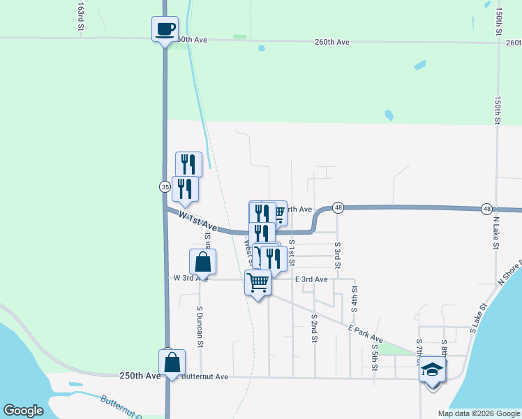 map of restaurants, bars, coffee shops, grocery stores, and more near in Luck