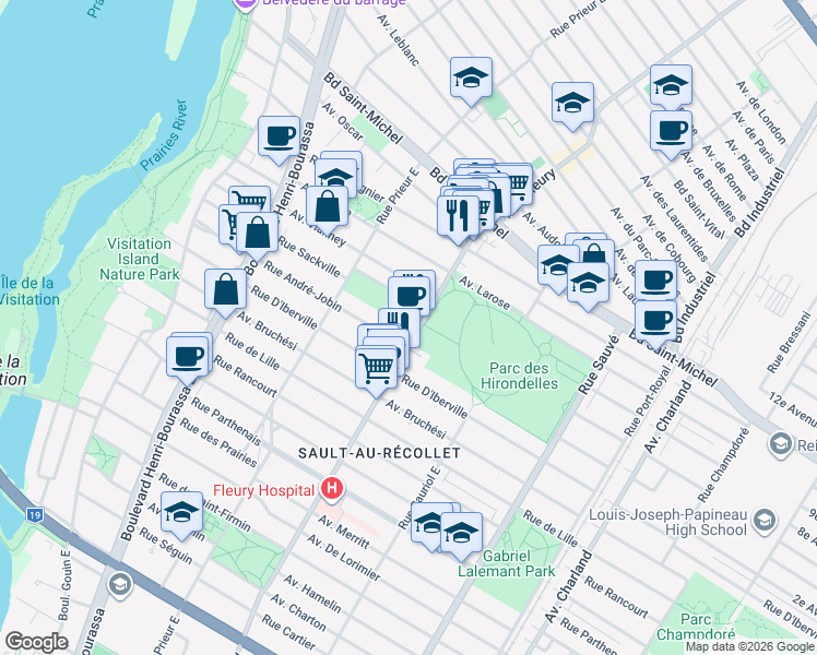 map of restaurants, bars, coffee shops, grocery stores, and more near in Montreal