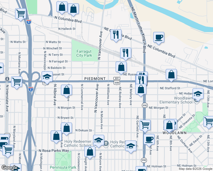 map of restaurants, bars, coffee shops, grocery stores, and more near 7517 North Williams Avenue in Portland