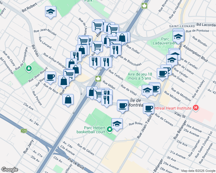 map of restaurants, bars, coffee shops, grocery stores, and more near 7690 Rue Millet in Montréal