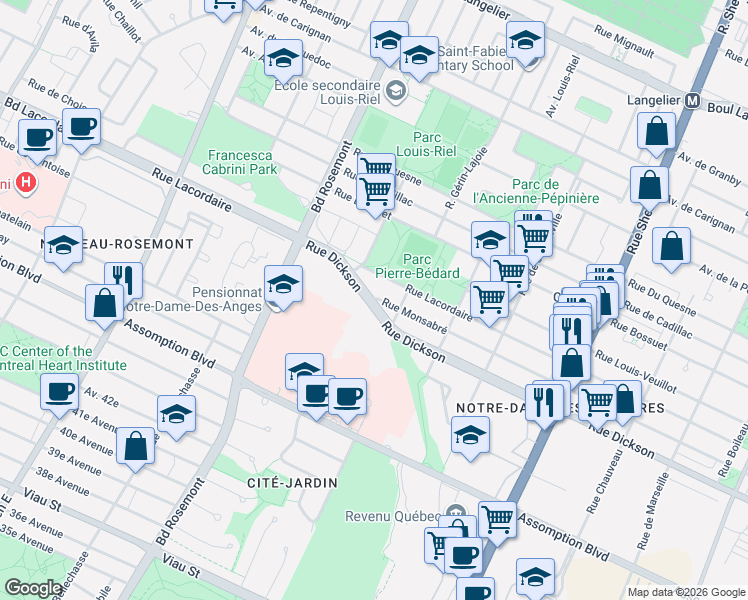 map of restaurants, bars, coffee shops, grocery stores, and more near 5627 Rue Monsabré in Montréal