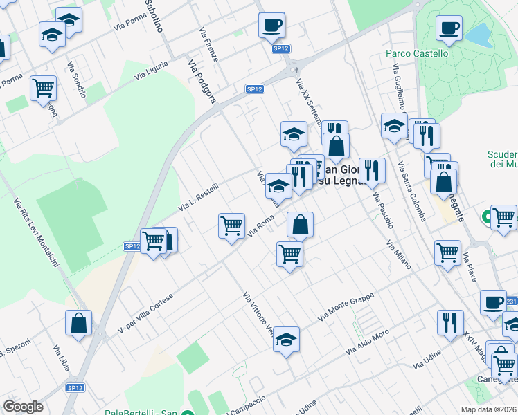 map of restaurants, bars, coffee shops, grocery stores, and more near 60 Via Goffredo Mameli in San Giorgio Su Legnano