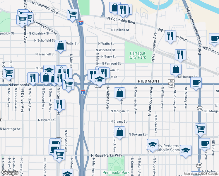 map of restaurants, bars, coffee shops, grocery stores, and more near in Portland