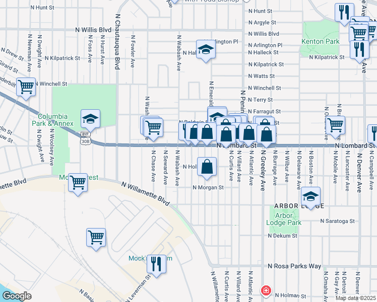 map of restaurants, bars, coffee shops, grocery stores, and more near 3347 North Lombard Street in Portland