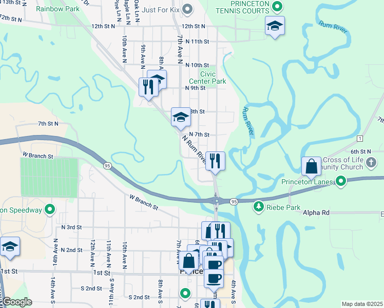 map of restaurants, bars, coffee shops, grocery stores, and more near 604 North Rum River Drive in Princeton
