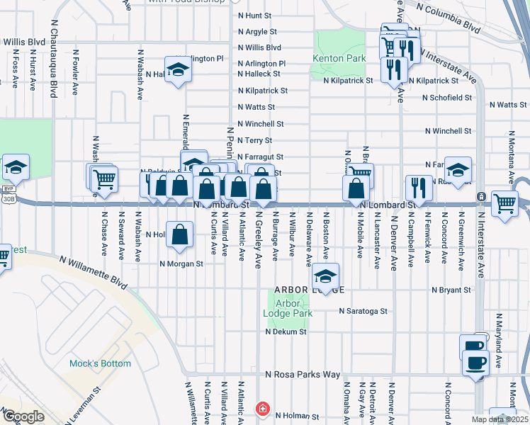 map of restaurants, bars, coffee shops, grocery stores, and more near 2720 North Russet Street in Portland