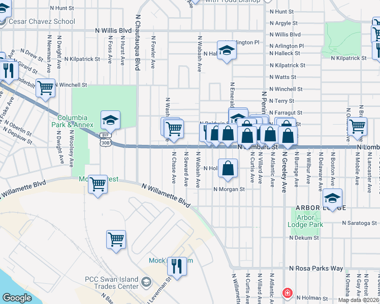 map of restaurants, bars, coffee shops, grocery stores, and more near 7436 North Seward Avenue in Portland