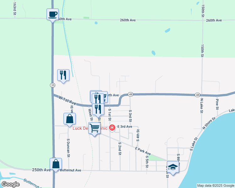 map of restaurants, bars, coffee shops, grocery stores, and more near 207 2nd Street North in Luck