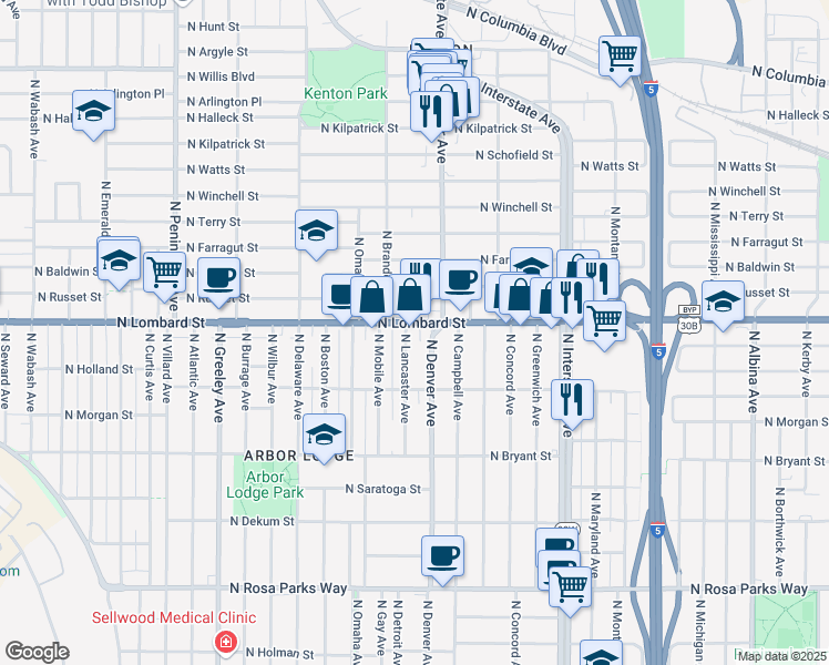 map of restaurants, bars, coffee shops, grocery stores, and more near 7501 North Chatham Avenue in Portland