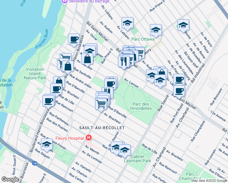 map of restaurants, bars, coffee shops, grocery stores, and more near Rue Sackville in Montréal