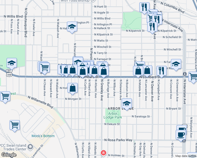 map of restaurants, bars, coffee shops, grocery stores, and more near 2824 North Lombard Street in Portland