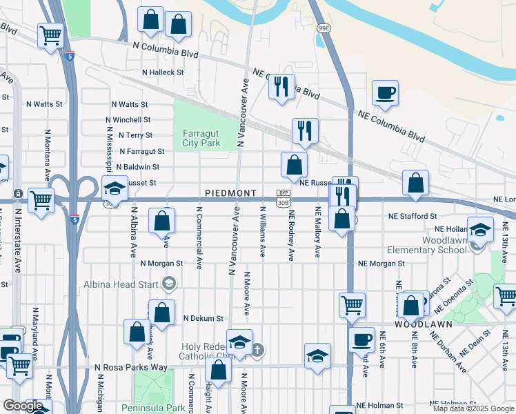 map of restaurants, bars, coffee shops, grocery stores, and more near 7517 North Williams Avenue in Portland