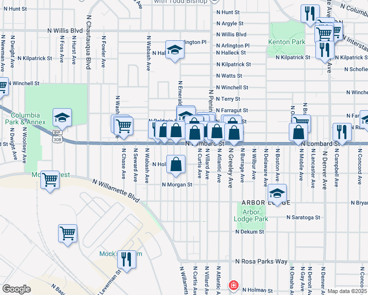 map of restaurants, bars, coffee shops, grocery stores, and more near 3233 North Lombard Street in Portland