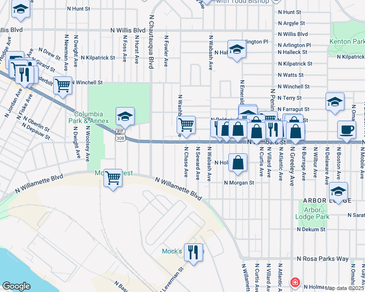 map of restaurants, bars, coffee shops, grocery stores, and more near 3627 North Lombard Street in Portland