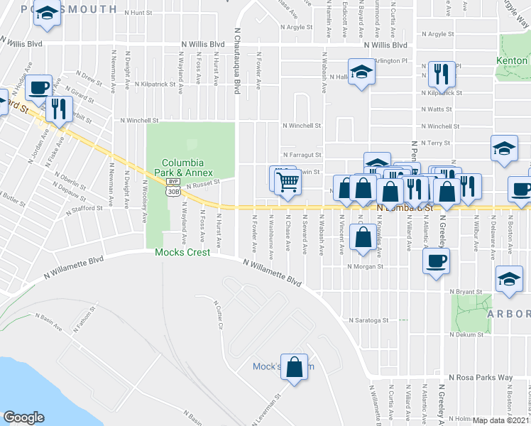 map of restaurants, bars, coffee shops, grocery stores, and more near 3825 North Lombard Street in Portland