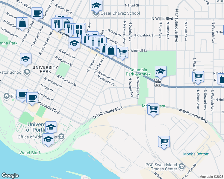 map of restaurants, bars, coffee shops, grocery stores, and more near 4715 North Depauw Street in Portland