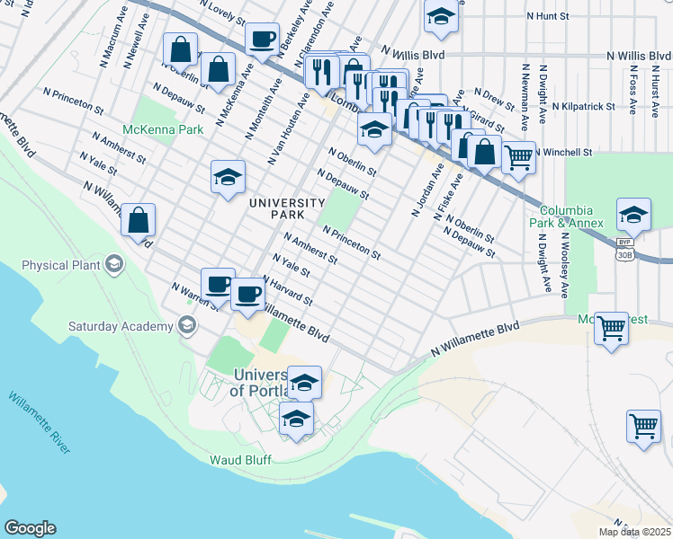 map of restaurants, bars, coffee shops, grocery stores, and more near 7038 North Hodge Avenue in Portland