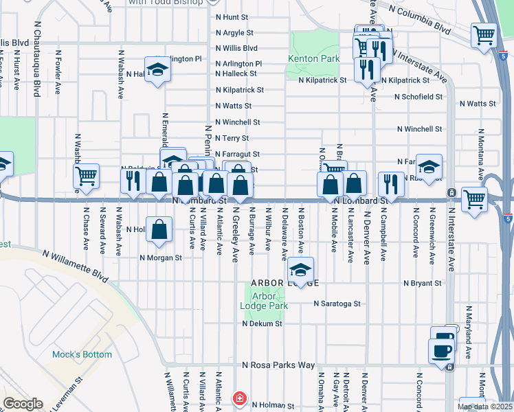 map of restaurants, bars, coffee shops, grocery stores, and more near 2624 North Russet Street in Portland