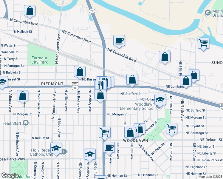 map of restaurants, bars, coffee shops, grocery stores, and more near 7510 Northeast Martin Luther King Junior Boulevard in Portland