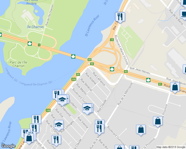 map of restaurants, bars, coffee shops, grocery stores, and more near 90 Rue Lafrance in Longueuil