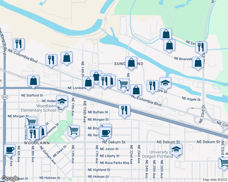 map of restaurants, bars, coffee shops, grocery stores, and more near 1828 Northeast Columbia Boulevard in Portland