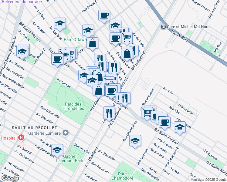 map of restaurants, bars, coffee shops, grocery stores, and more near in Montreal