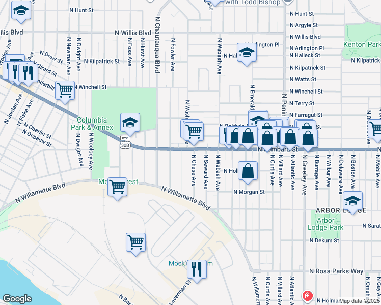map of restaurants, bars, coffee shops, grocery stores, and more near 3627 North Lombard Street in Portland