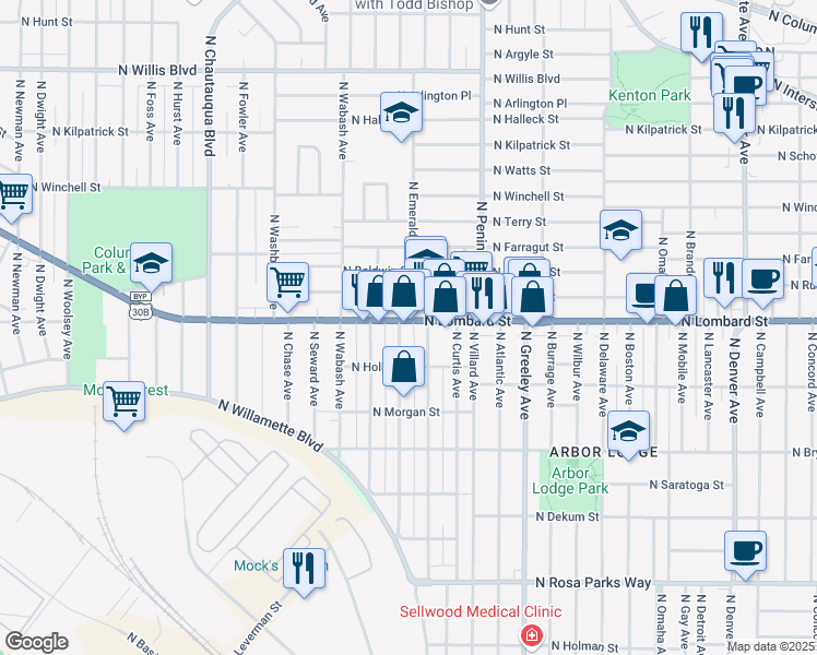 map of restaurants, bars, coffee shops, grocery stores, and more near 3233 North Lombard Street in Portland