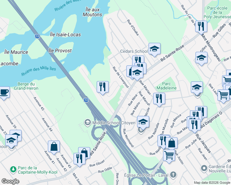 map of restaurants, bars, coffee shops, grocery stores, and more near 1071 Rue de Brétigny in Laval